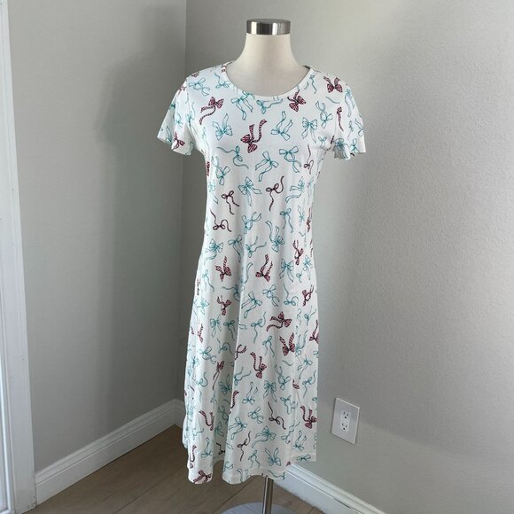 Lands End Womens Small 100% Pima Cotton Short Sleeve Dress Red & Teal Bow Print - Picture 1 of 11
